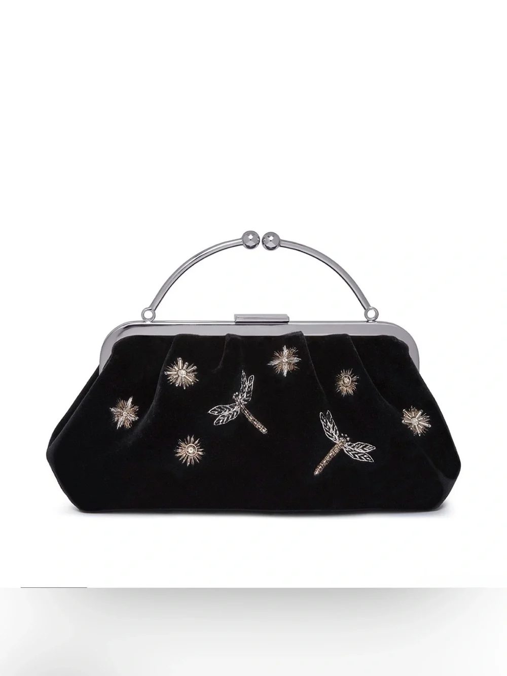 Stratheberry x Cinq a Sept Frame Black Velvet Clutch. Black Embroidered.